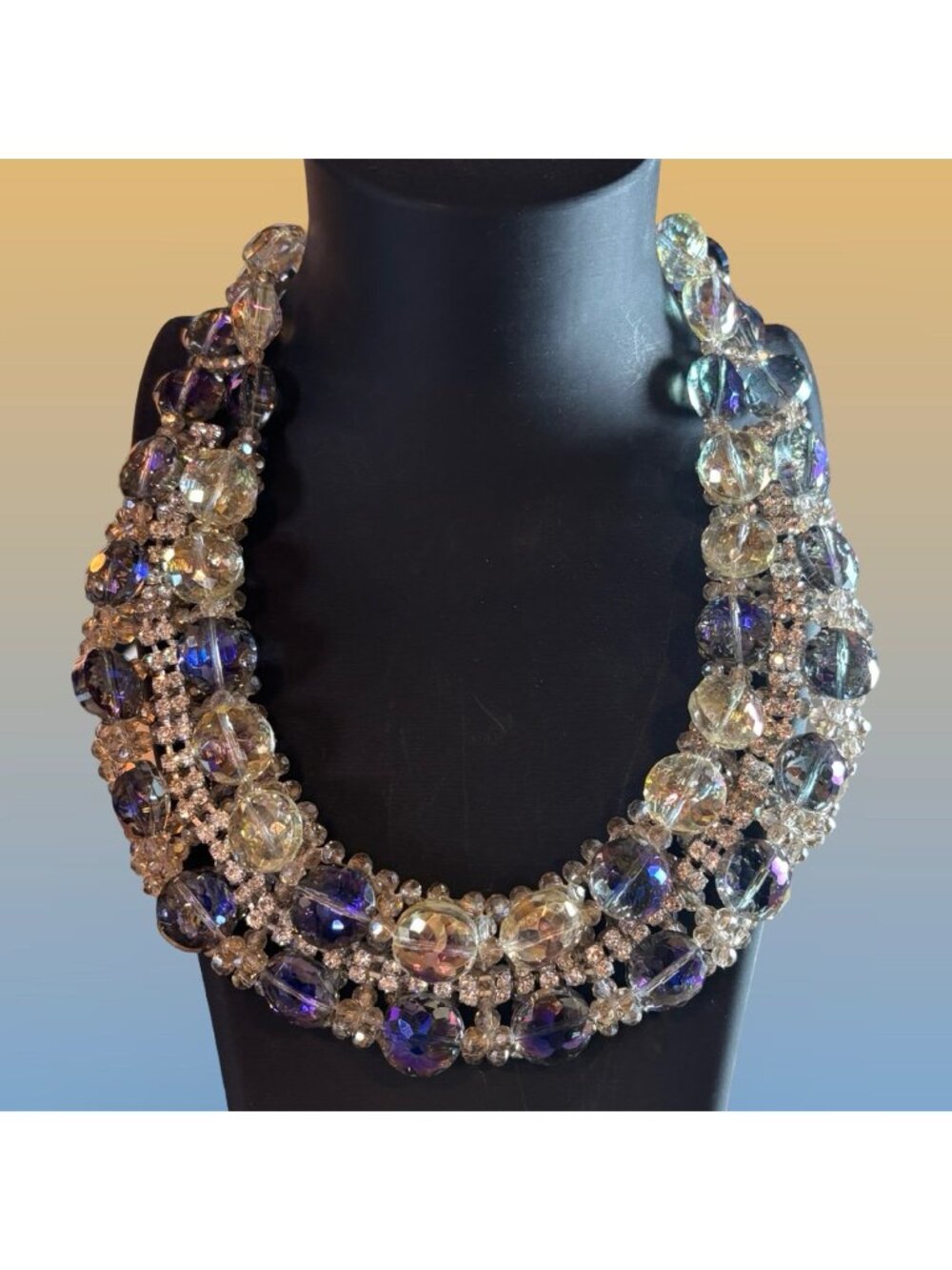 YLK Multi Strand Crystal Necklace 925 Sterling Blue Purple Vintage Statement
